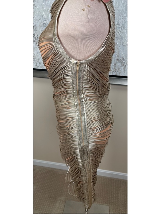 CULT GAIA Heidi Metallic Leather Draped Fringe Gold Midi Dress Size Medium - Picture 6 of 10